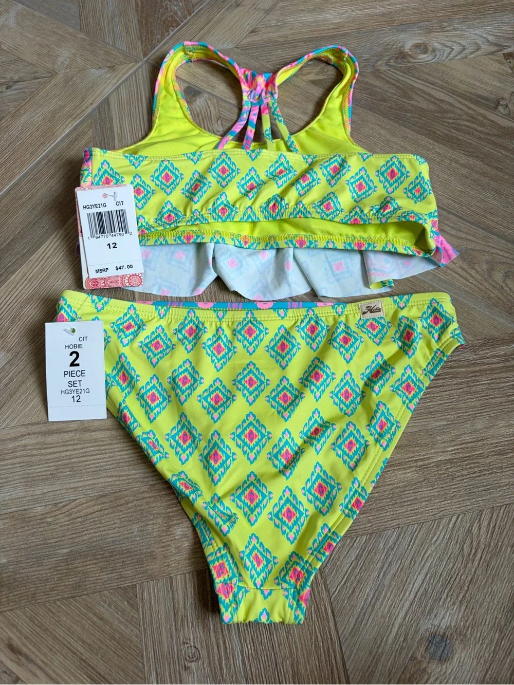 Hobie Flounce Bralette Bikini Top Hipster Bottom Swimsuit Citron Ikat Tides